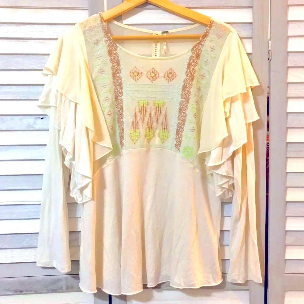 Free People cream embroidered long sleeve top